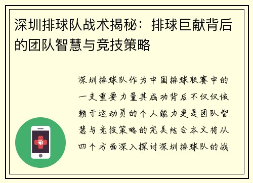 深圳排球队战术揭秘：排球巨献背后的团队智慧与竞技策略